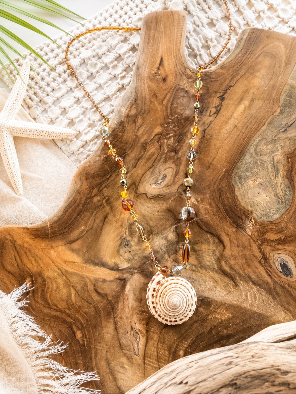 Boho Seashell Pendant Beaded Long Necklace Coastal Statement Jewelry